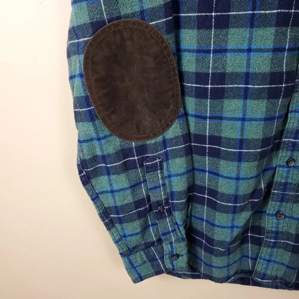 J. Crew Plaid Button-up Flannel Shirt with Leather Elbow Patches Size M
